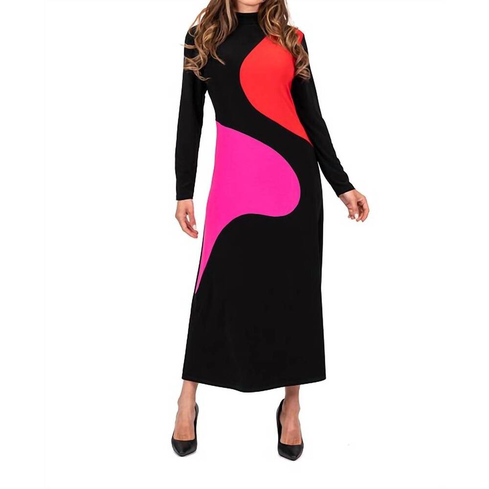 NEW SCAPA color block dots maxi sheath dress in pink/red/black